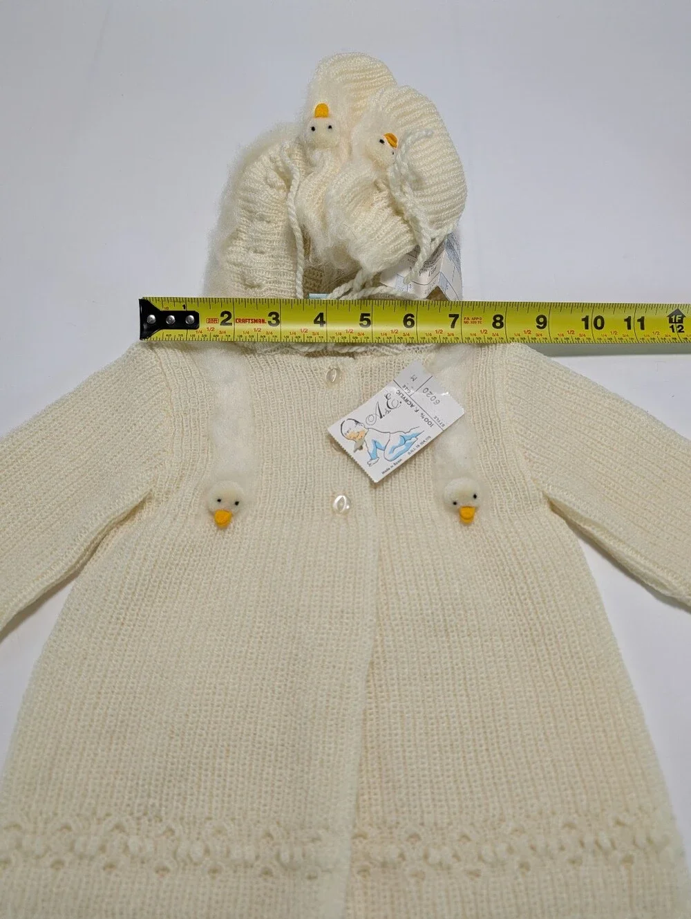Vintage All-Mine Cream-Colored Knit Hooded Baby Coat & Booties with Duck Accents